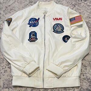 White Bomber Jacket with Patches